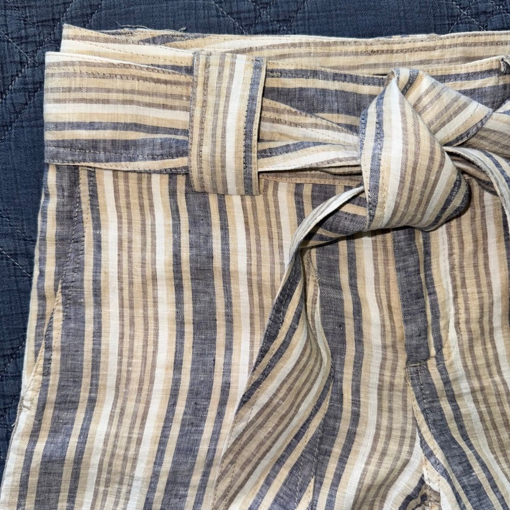 Zara Flax Linen Striped Tie-Waist Shorts Coastal Summer Blue Tan White Size MED - Picture 2 of 15